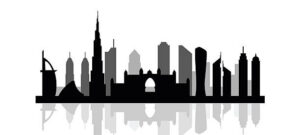 Dubai skyline panoramic view, UAE, black and white urban background, vector illustration